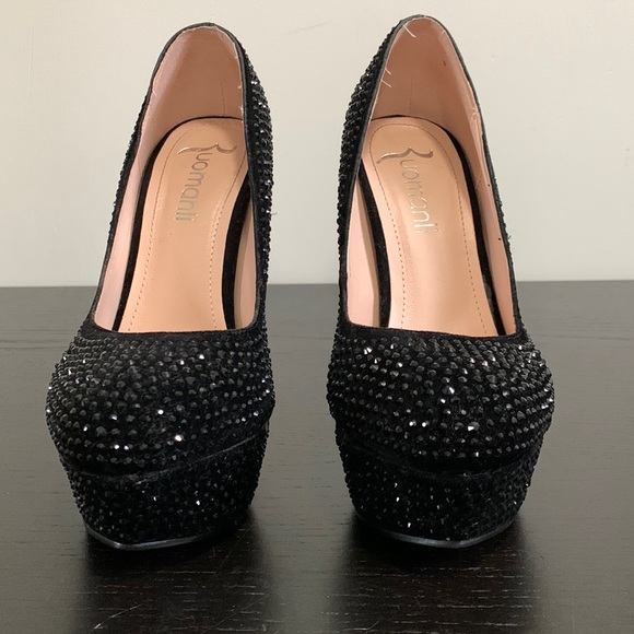 Black suede/rhinestone platform, stilettos - Picture 9 of 13